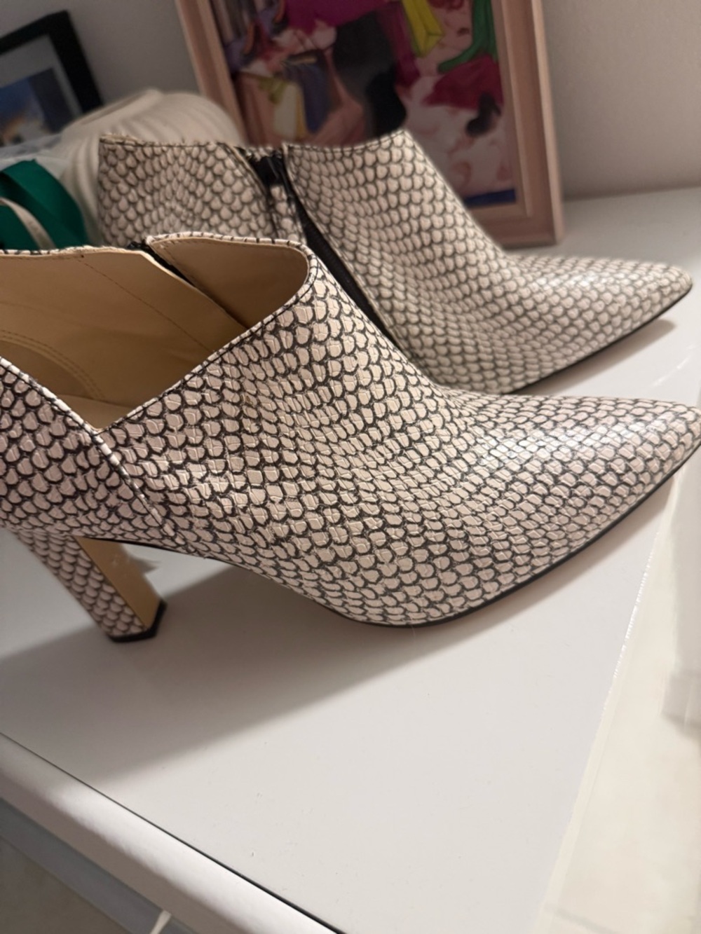 Cole Haan Cream Snake-Print Pointed Toe Ankle Boots